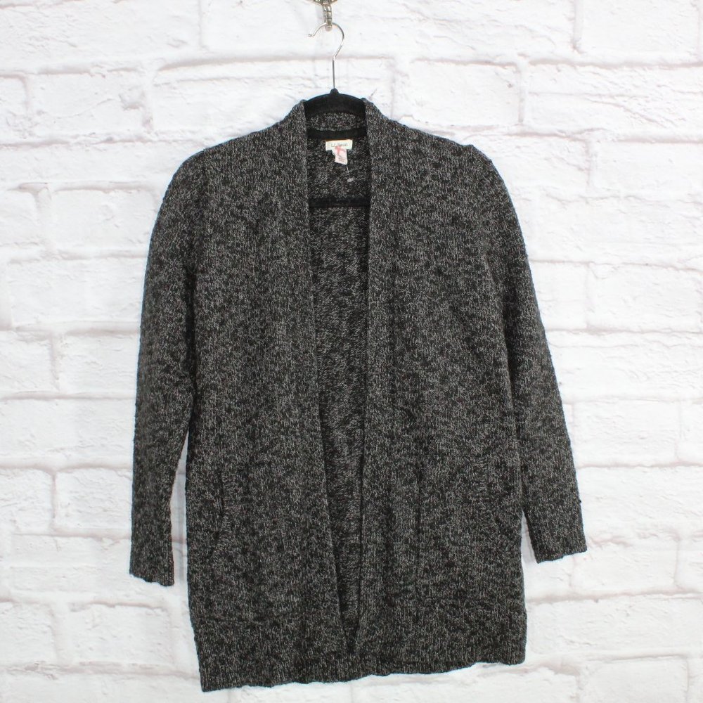 LL Bean Heather Gray Cotton Ragg Sweater Open Front Long Cardigan Size M